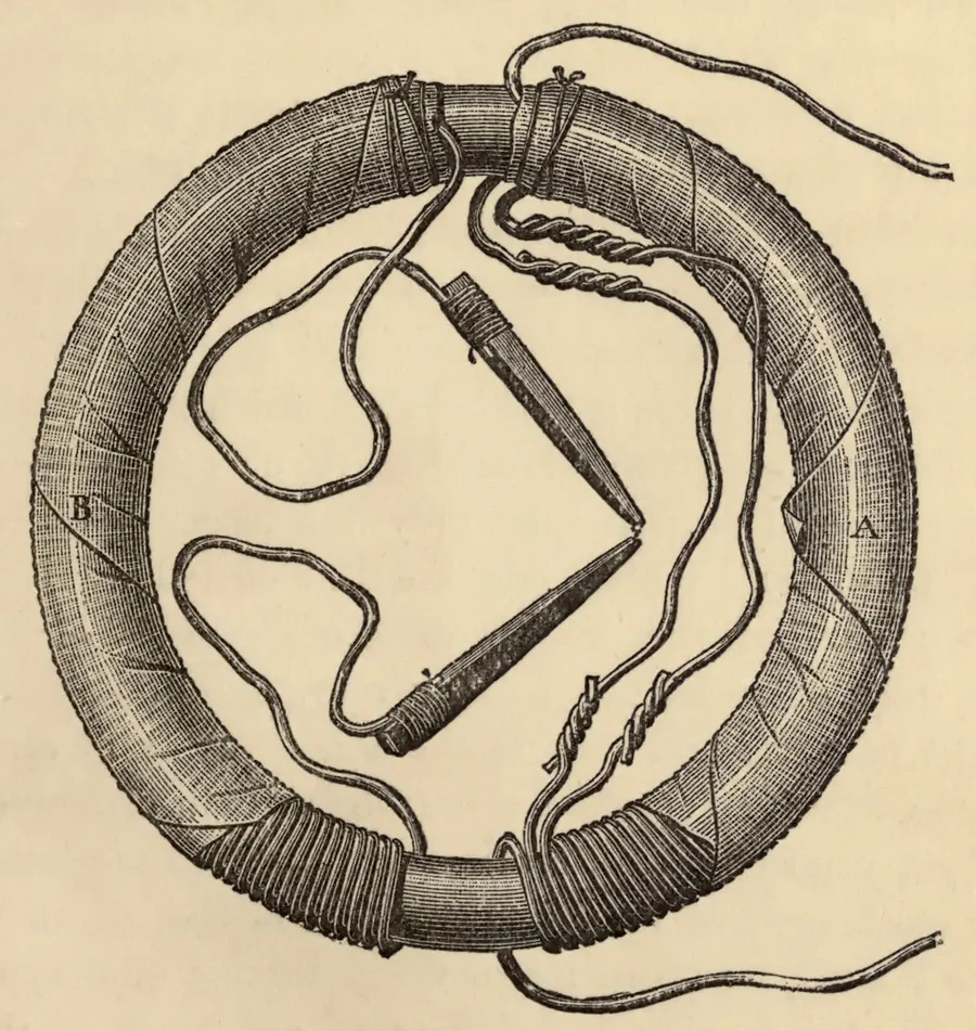 A drawing of Faraday's induction ring, two coils of wire wound on opposite sides of an iron ring, published in 1896