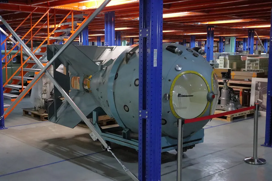 A full-size mock-up of RDS-1, the first Soviet atomic bomb, at the Polytechnical Museum in Moscow, photographed in 2025