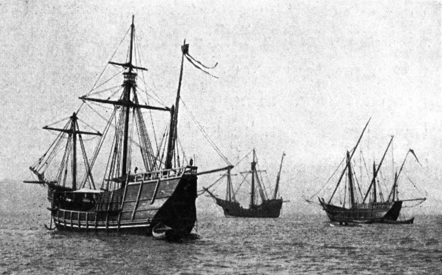 Replicas of the Pinta, the Niña and the Santa María on the Hudson River in New York, after crossing from Spain for the Chicago World's Fair of 1893