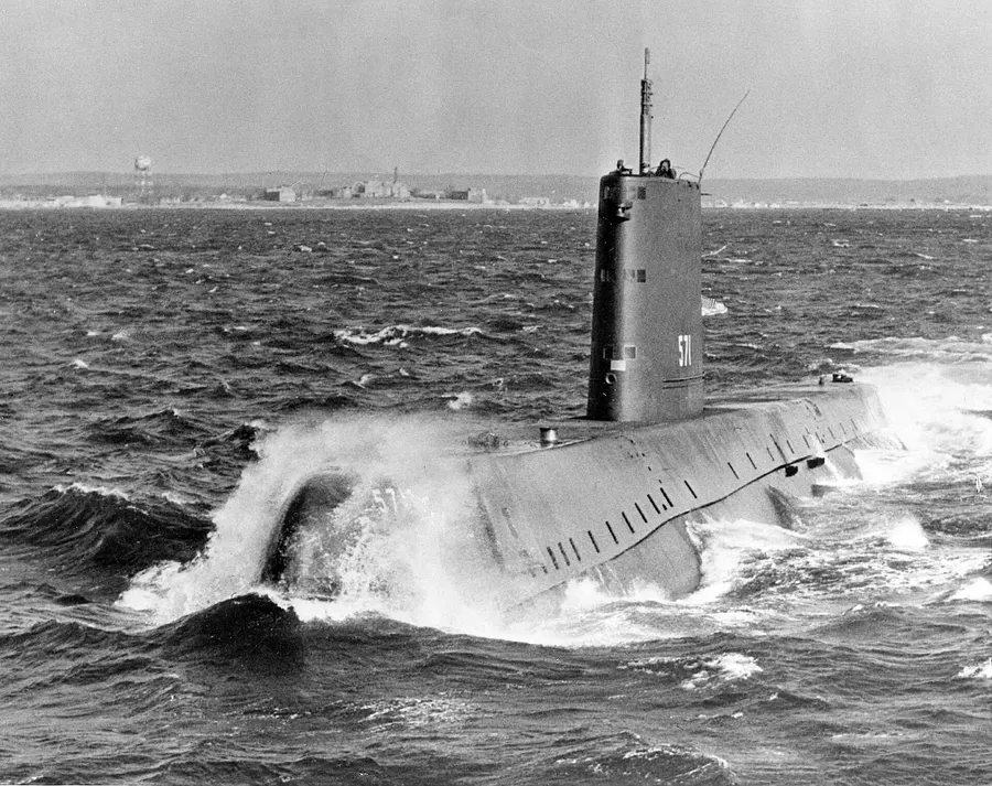 USS Nautilus, the world's first nuclear-powered submarine, under way at sea