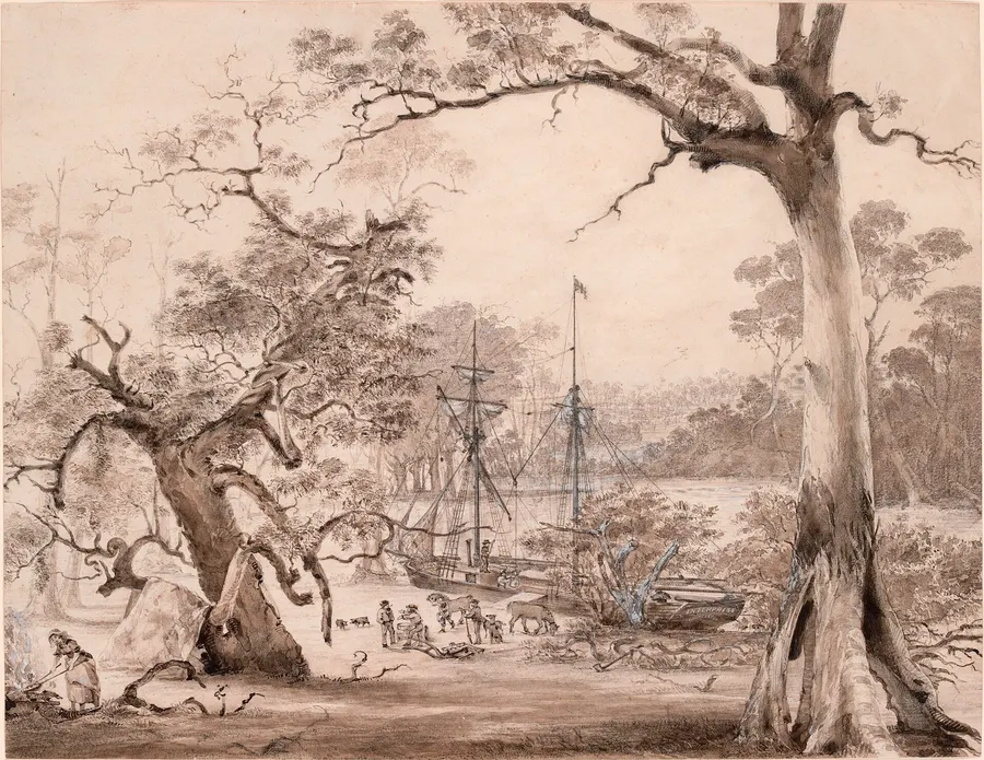 A picture by an unknown artist of the schooner Enterprize moored among the gum trees on the Yarra at the founding of Melbourne in August 1835