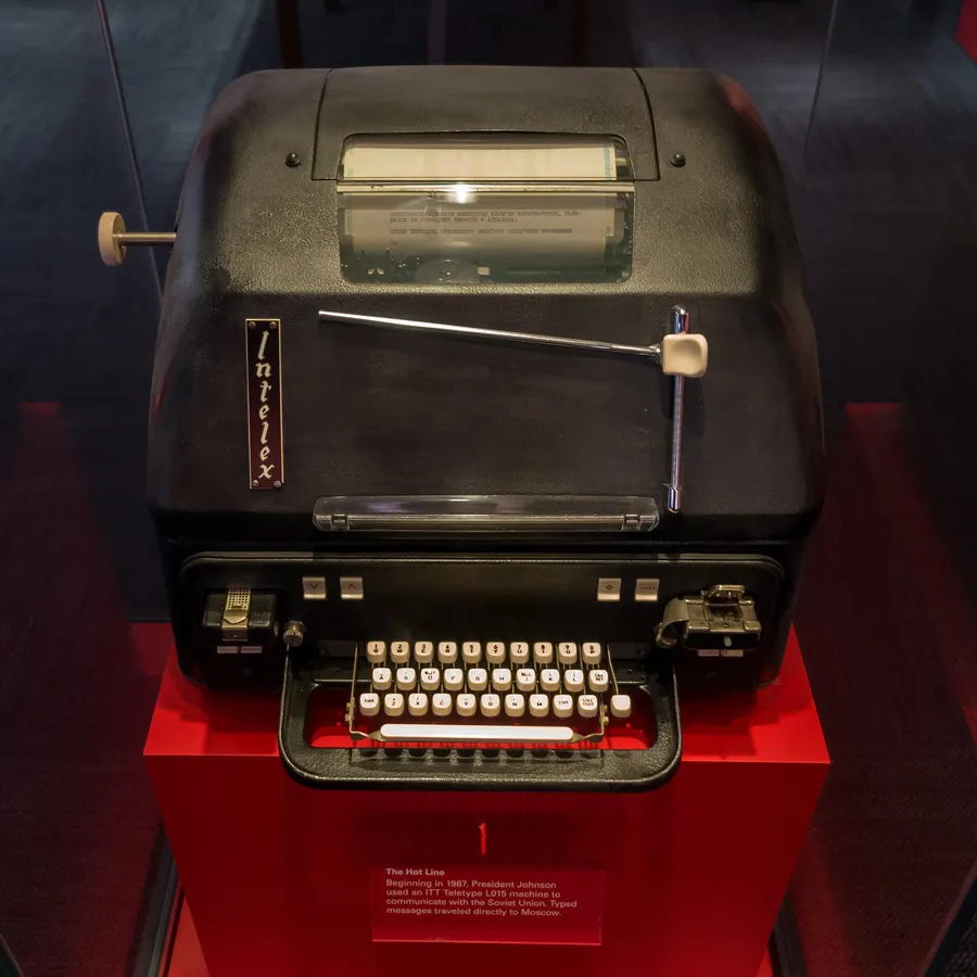 A Moscow-Washington hotline teletype machine of 1967 on display at the LBJ Presidential Library