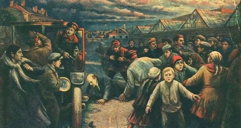 The attempt on Lenin's life outside the Mikhelson factory, in a 1927 painting by Vladimir Pchelin