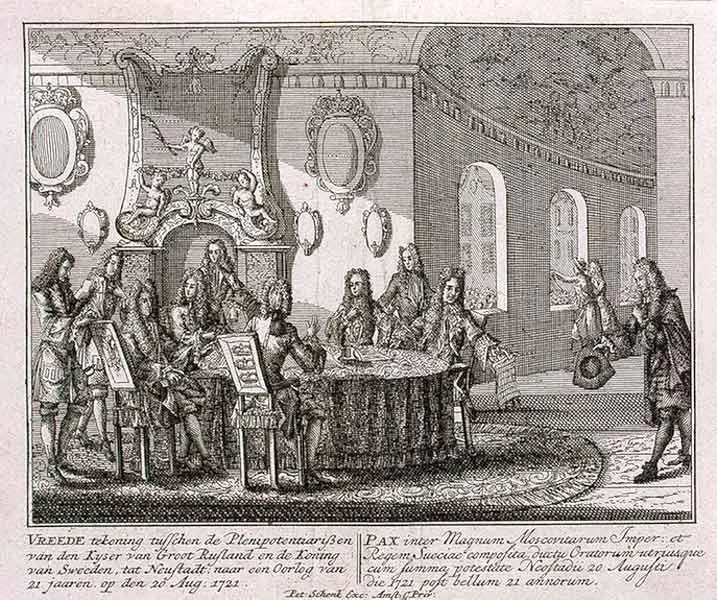 A contemporary engraving by Peter Schenk the Younger of the envoys concluding the peace at Nystad in 1721
