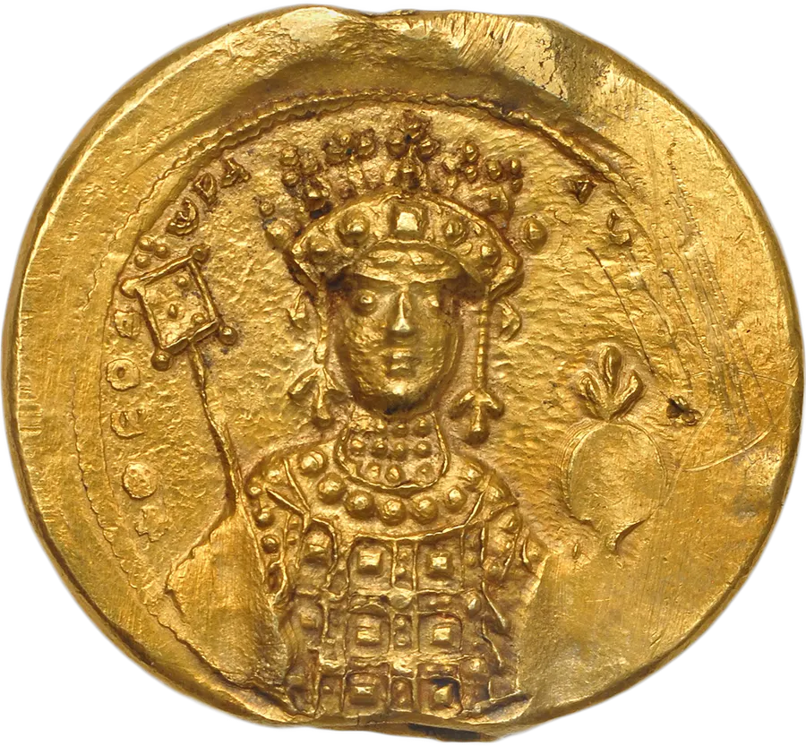 A gold seal of the Empress Theodora, showing her crowned and in imperial robes, from the collection of Dumbarton Oaks