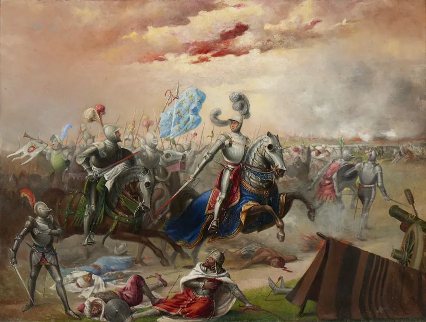 Portuguese knights in the fighting at Alcácer Quibir, in a later painting of the battle