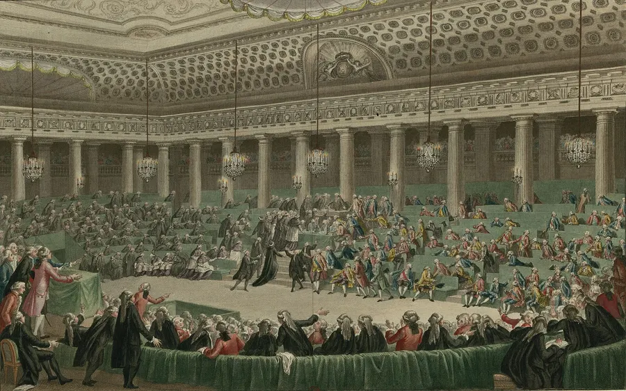 The National Assembly at Versailles during the night session of 4 to 5 August 1789, in a coloured engraving by Isidore Helman after Charles Monnet