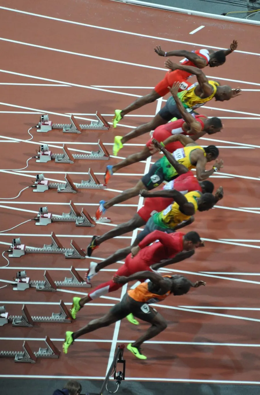 The start of the men's 100 metres final at the London 2012 Olympics