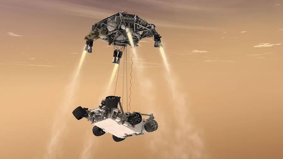 An artist's impression of the sky crane lowering Curiosity on to the surface of Mars on cables