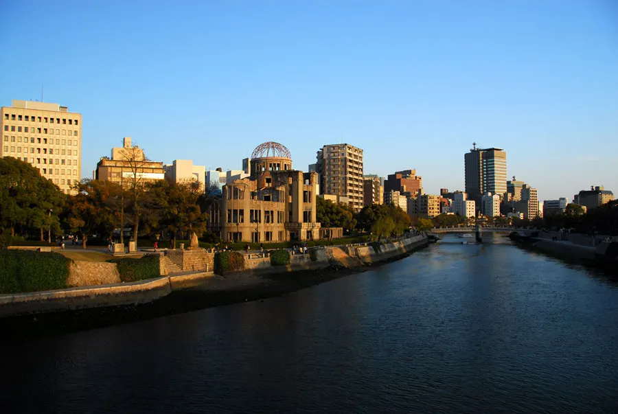 The Genbaku Dome, the ruined exhibition hall close to the centre of the blast, seen from the Aioi Bridge in Hiroshima
