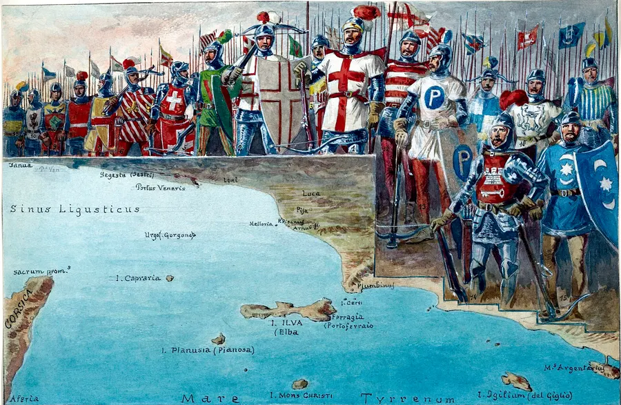 The Battle of Meloria in an illustration by the Italian artist Quinto Cenni, with Genoese and Pisan fighters above a map of the Tuscan coast