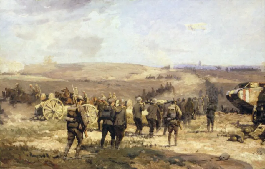 8th August, 1918, painted by the Australian official war artist Will Longstaff, shows the advance at Amiens