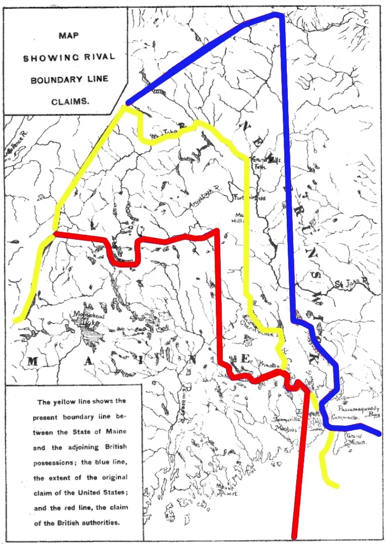Map of the competing boundary lines claimed between Maine and New Brunswick before the treaty