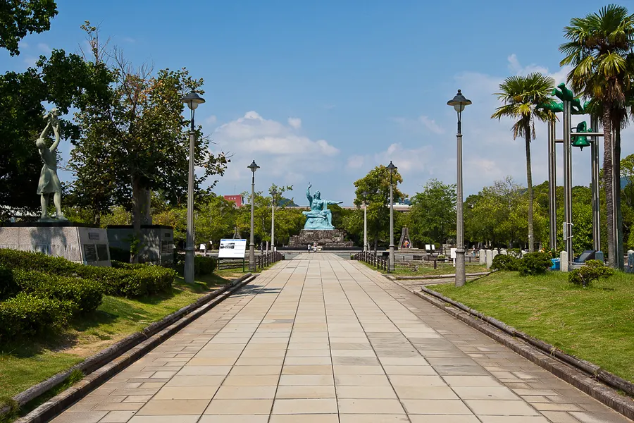 Nagasaki Peace Park, near the hypocentre of the 1945 explosion, with Seibō Kitamura's Peace Statue at the end of the path