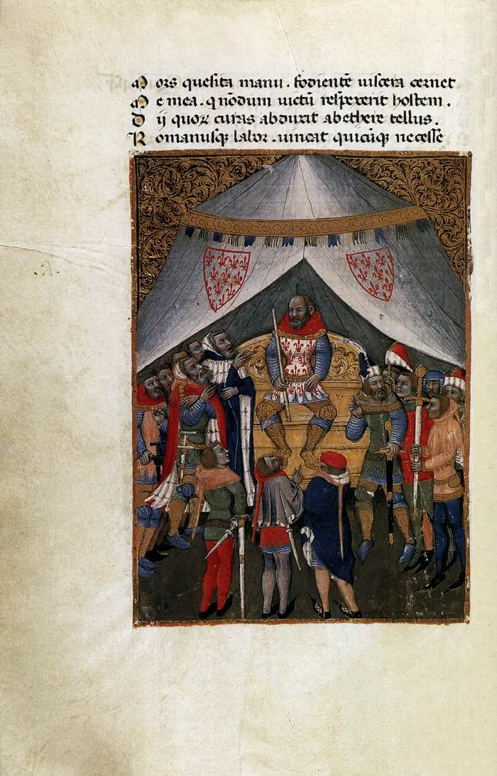 An illuminated page by Niccolò da Bologna from a 14th-century manuscript of Lucan's Pharsalia, the Roman poem about the civil war