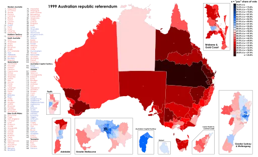 How each state and territory voted in the 1999 republic referendum.