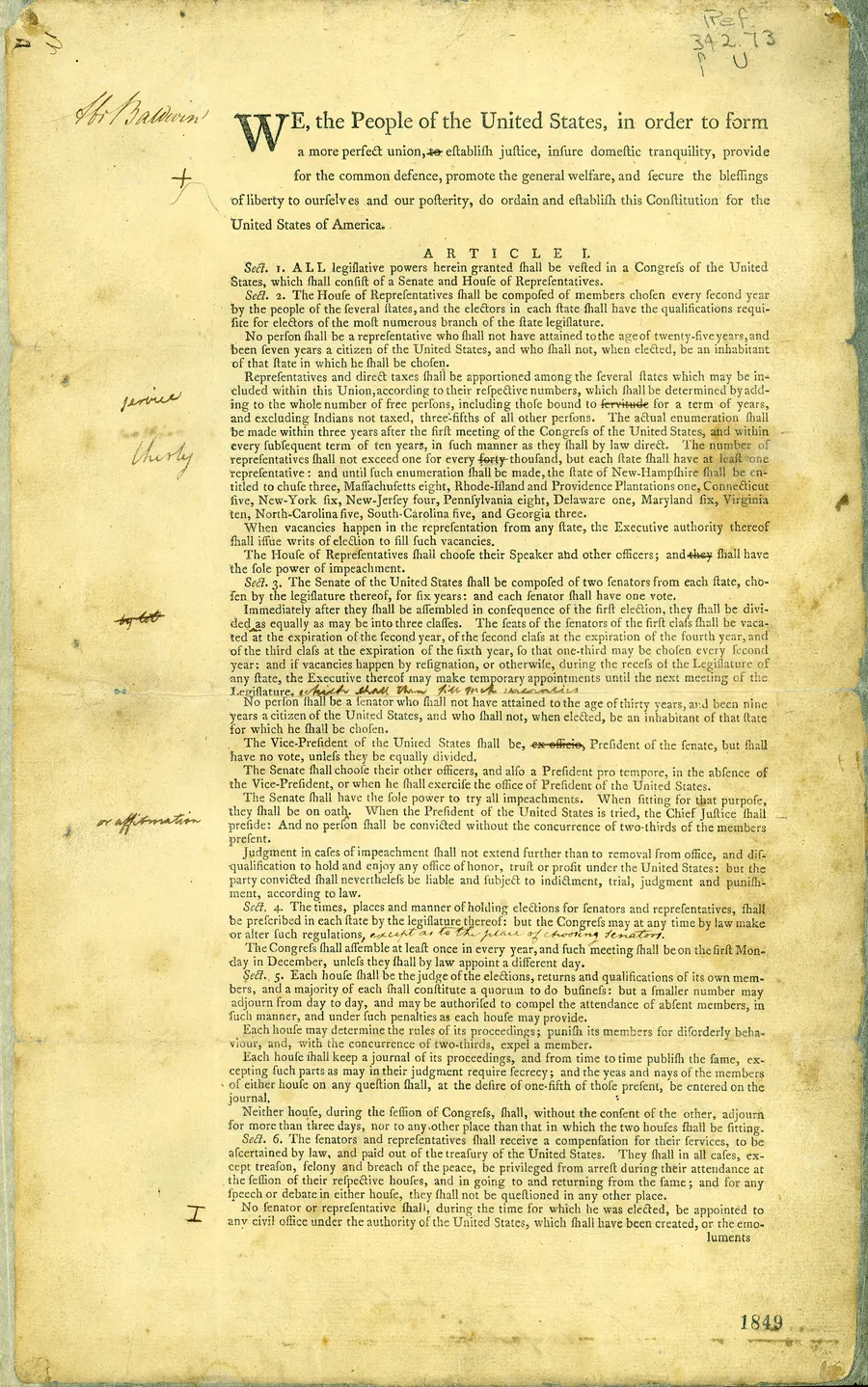 Abraham Baldwin's printed draft of the US Constitution, with his marginal notes, held by the Georgia Historical Society.