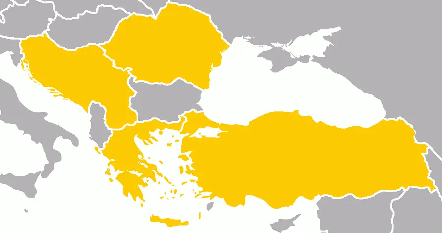 A map of the four members of the Balkan Entente: Greece, Romania, Turkey and Yugoslavia.