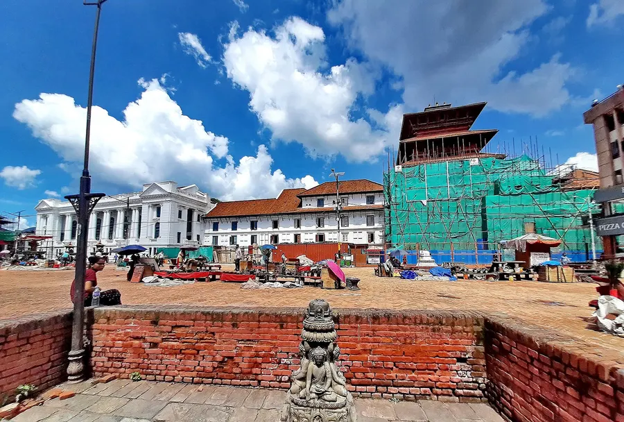 Palaces on Kathmandu's Basantapur Durbar Square under repair after the 2015 earthquake.