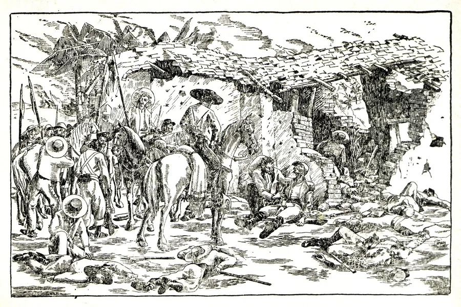 A late 19th-century postcard showing Mexican soldiers lifting wounded legionnaires after the fight at Camarón.