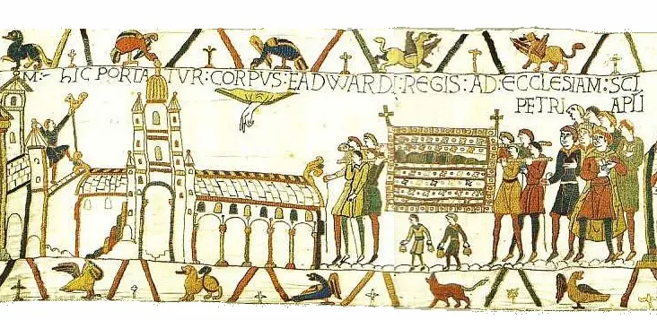 The Bayeux Tapestry shows Edward the Confessor's body being carried to his new church of St Peter at Westminster, January 1066.