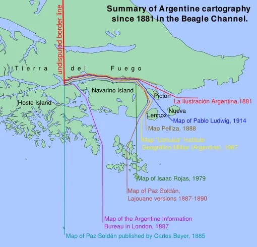 The Beagle Channel area at the tip of South America, with the boundary lines drawn on Argentine maps since 1881.