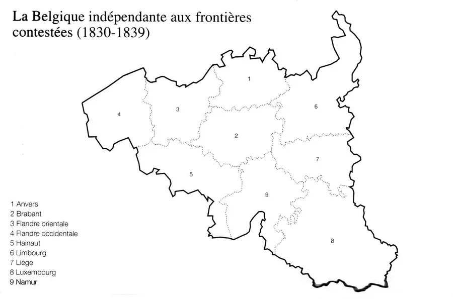 A map of independent Belgium and its disputed borders between 1830 and 1839.