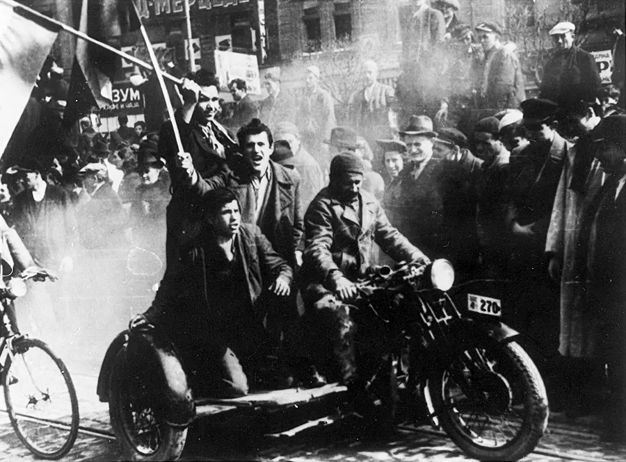 Crowds in Belgrade celebrate the break with the Axis pact, 27 March 1941.