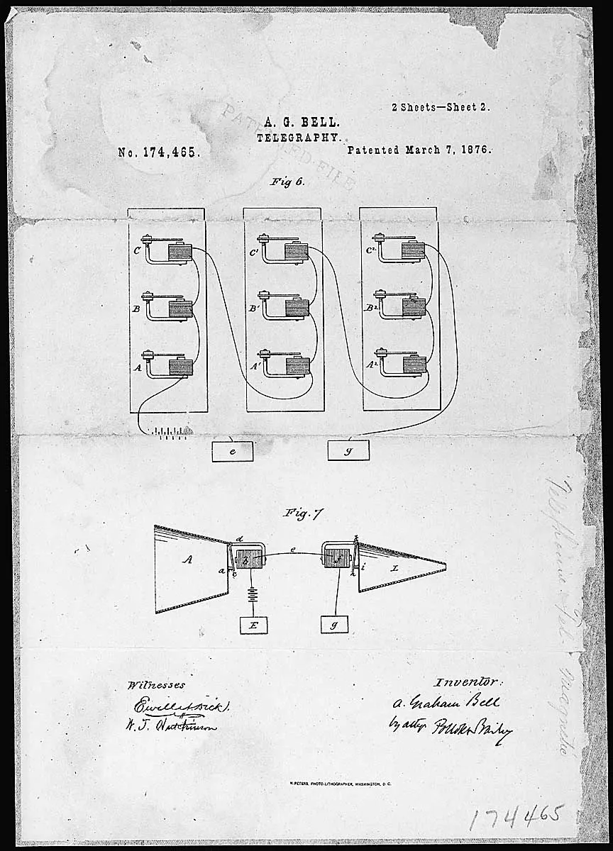 A drawing from Alexander Graham Bell's telephone patent of 1876 (US National Archives).