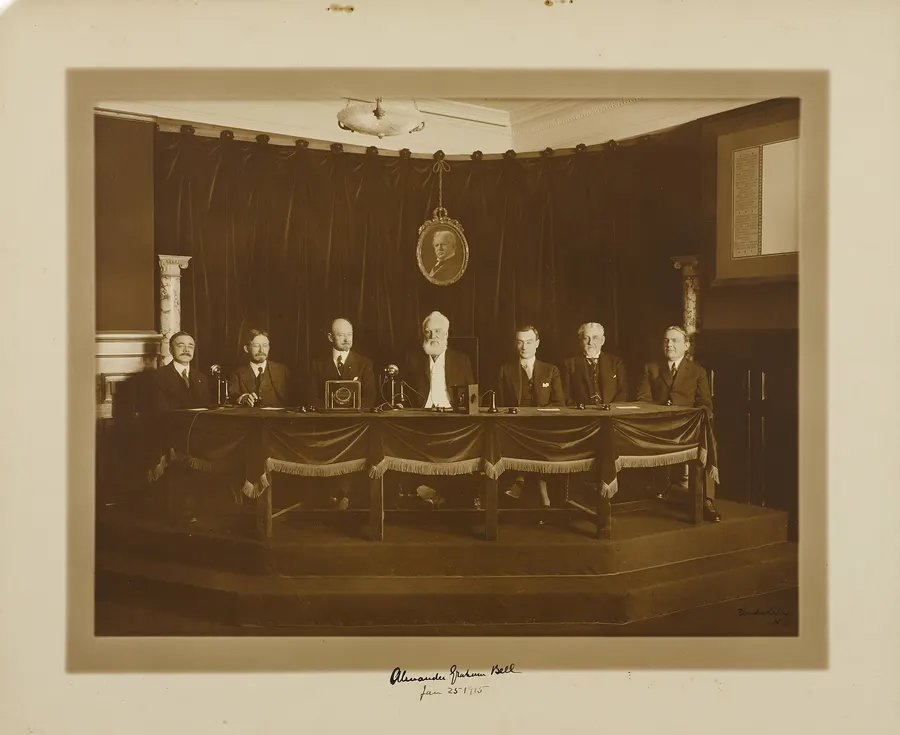 Alexander Graham Bell and AT&T officials in New York at the opening of the transcontinental telephone line, 25 January 1915.