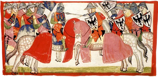 The Battle of Benevento in a 14th-century manuscript of Giovanni Villani's chronicle.