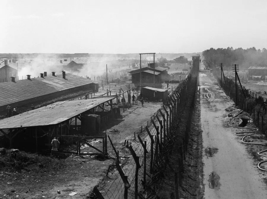 Camp No. 1 at Bergen-Belsen, largely evacuated, seen from a guard tower after the liberation in April 1945 (Imperial War Museums).