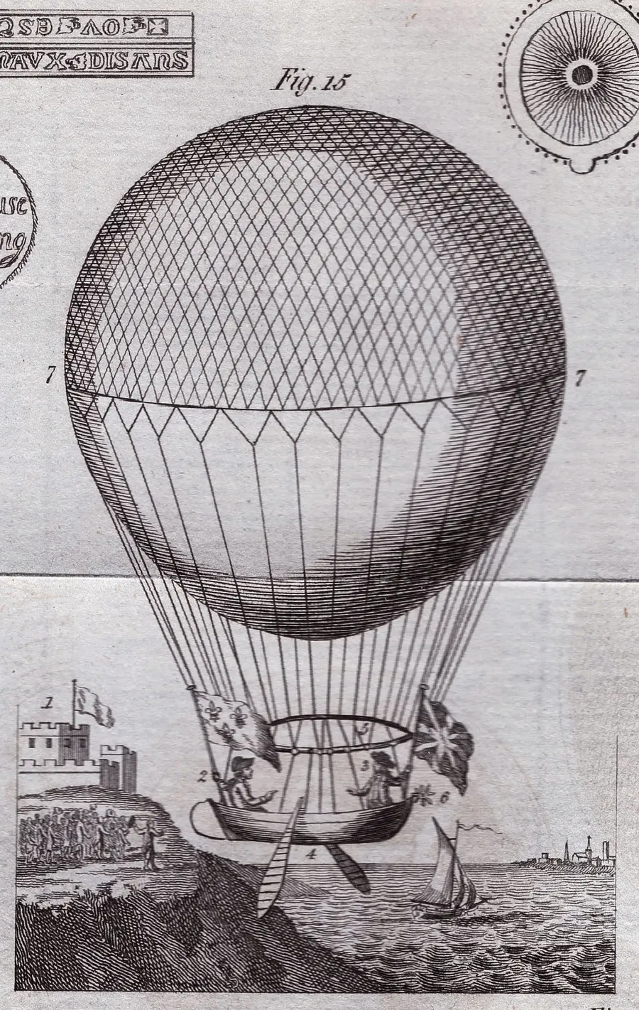 A print of Blanchard and Jeffries's balloon crossing the English Channel in 1785.