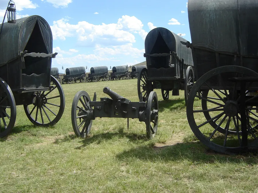 The bronze wagon laager at the Blood River memorial in KwaZulu-Natal.
