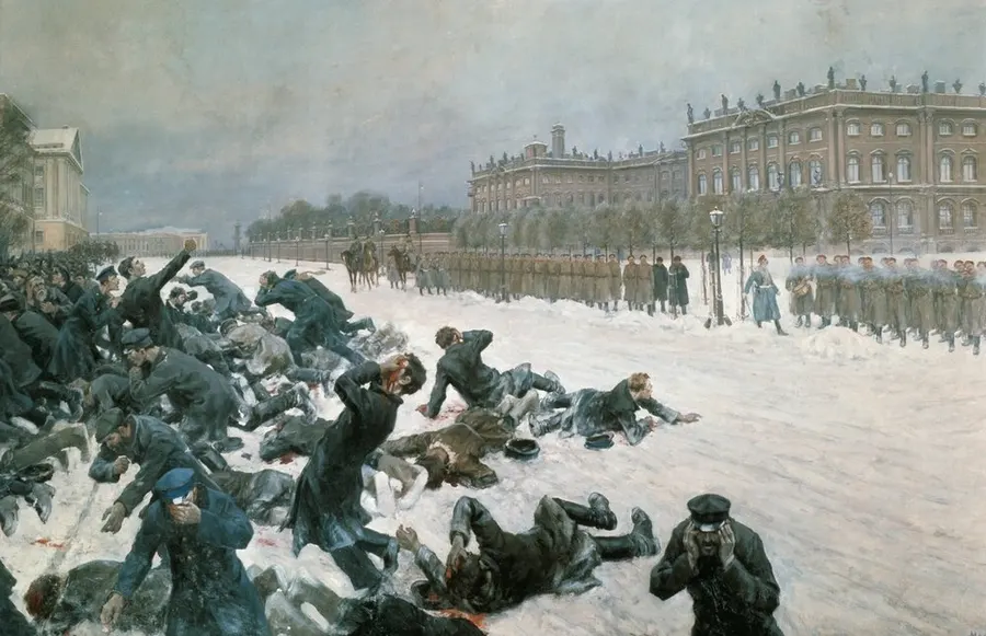 Troops fire on the marchers outside the Winter Palace, in a painting by Ivan Vladimirov.