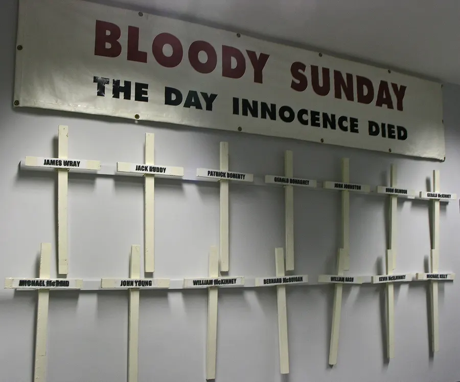 The banner and crosses carried by the families of the Bloody Sunday victims on the annual commemoration march.