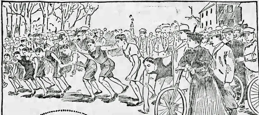 The start of the first Boston Marathon, sketched for the Boston Globe in 1897.