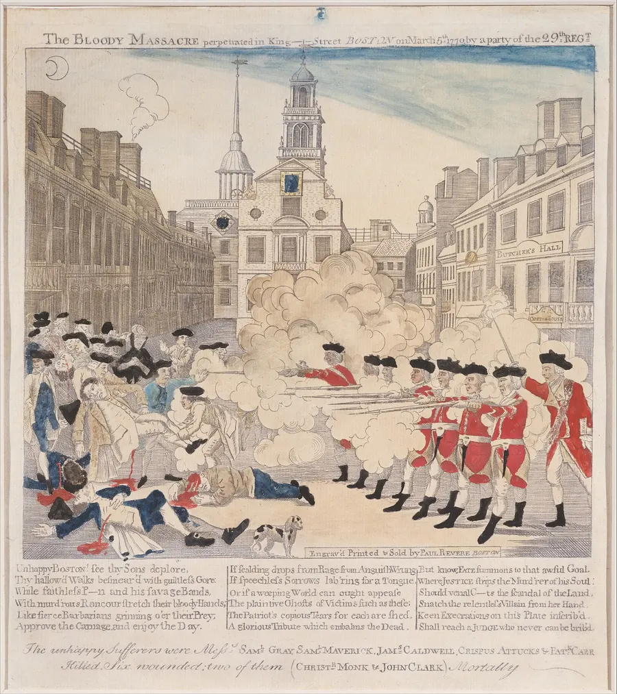 Paul Revere's engraving of the shooting, published weeks later as anti-British propaganda, 1770.