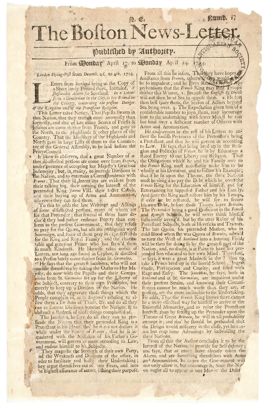 The front page of the first issue of The Boston News-Letter, for the week of 17 to 24 April 1704.