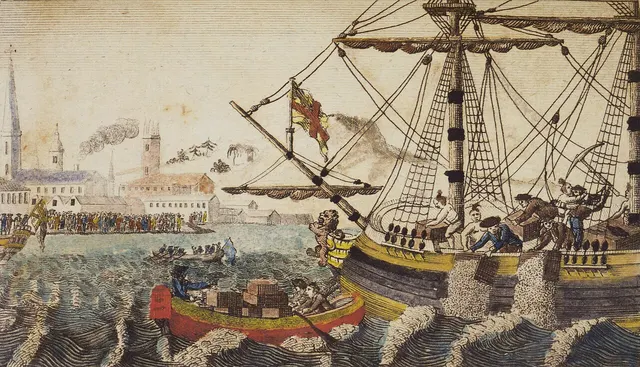 A nineteenth-century print of the destruction of the tea in Boston harbour.