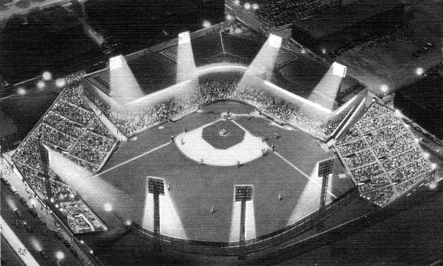 Braves Field in Boston, where the game was played, on a later postcard showing a night game.