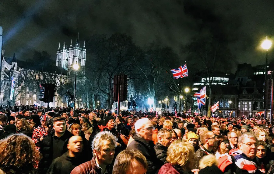 Crowds in Parliament Square, London, on the evening of 31 January 2020.