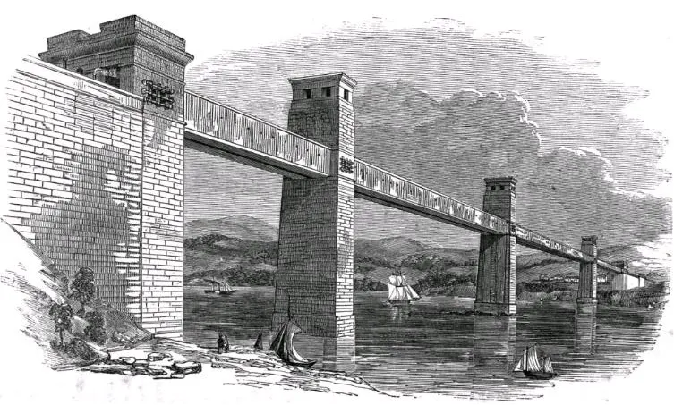 The Britannia tubular bridge over the Menai Strait, about 1852.