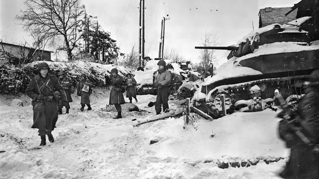 American troops in the snow during the fighting in the Ardennes.