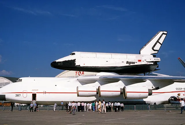 The Buran orbiter on the back of the An-225 Mriya at the Paris Air Show, June 1989.