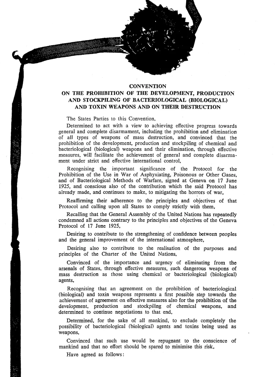 The opening page of the Biological Weapons Convention, 1972.