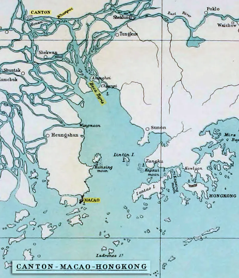 The Pearl River delta, from Canton down past the Bocca Tigris to Macao and Hong Kong, in a map published in 1910.