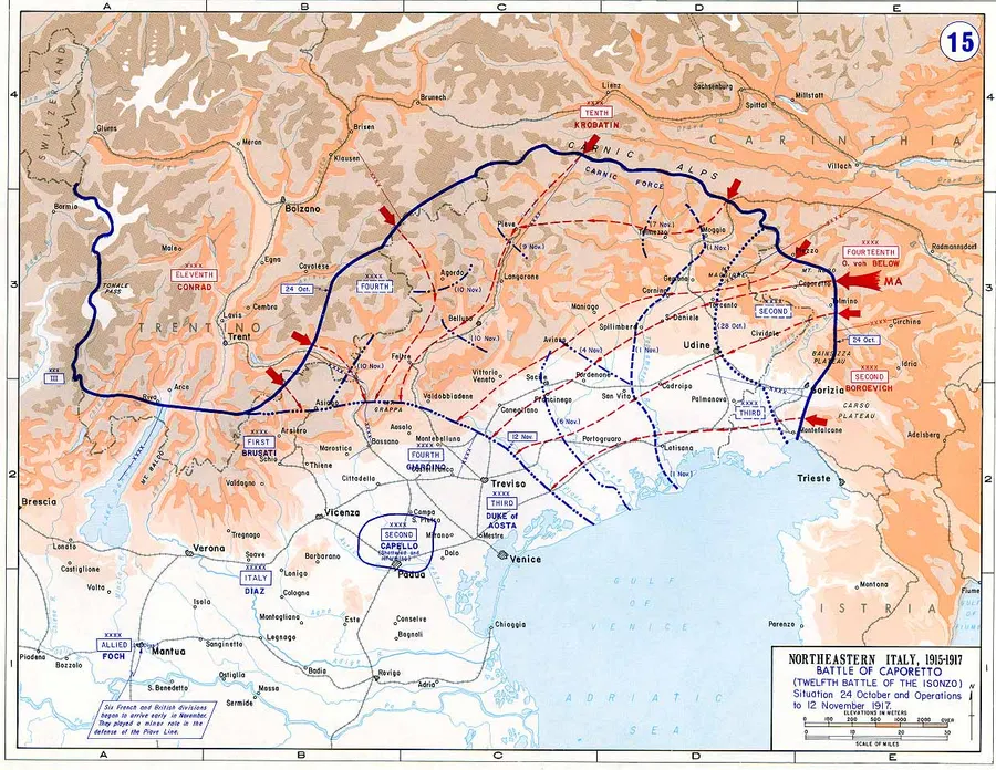 A map of the Caporetto offensive from the atlas of the United States Military Academy at West Point.