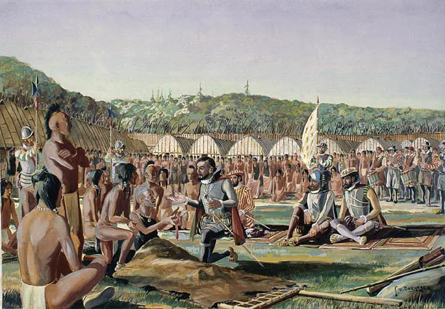 A painting of Jacques Cartier meeting the people of Hochelaga
