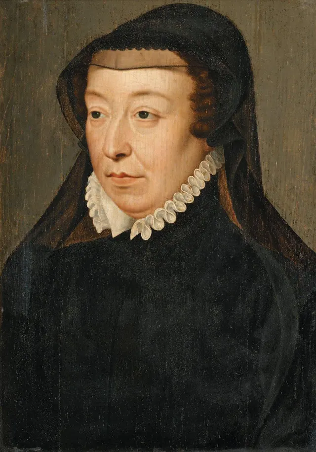 Catherine de' Medici in widow's black, from the workshop of François Clouet, about 1560.